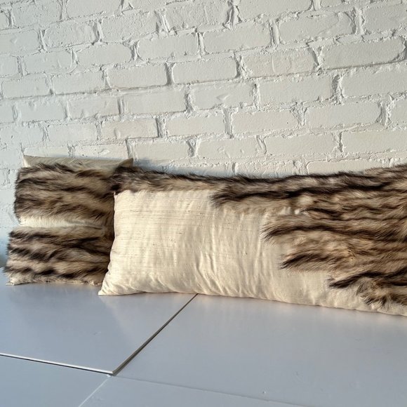 Handmade Raw Silk Pillows with Real Fur Accent Set of Two - Picture 2 of 4